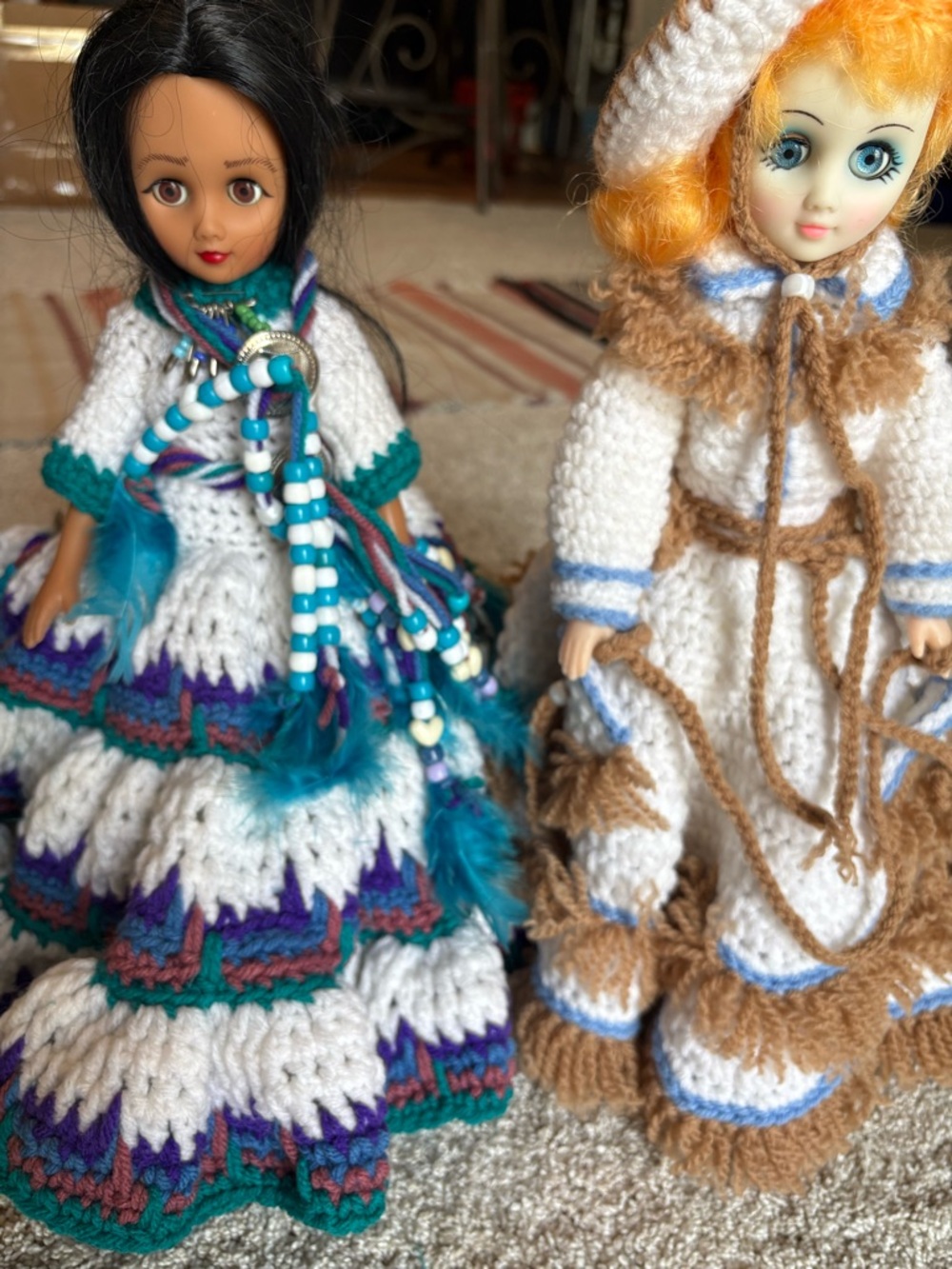 Set of 2 VTG native Indian and American Dolls Traditional Crochet Beads 15”